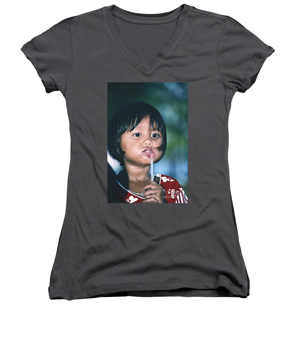 Girl Women's V-Neck featuring the photograph Playful Little Girl in Thailand by Heiko Koehrer-Wagner