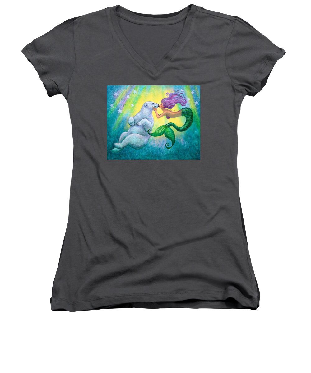 Mermaids Women's V-Neck featuring the painting Polar Bear Kiss by Sue Halstenberg