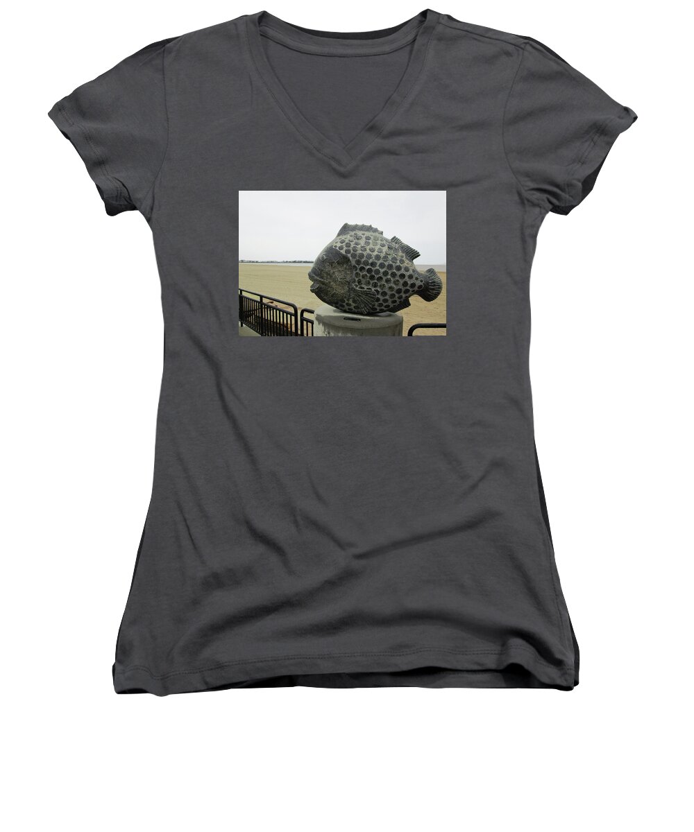 Fish Women's V-Neck featuring the photograph Polka Dotted Fish Sculpture by Mary Capriole