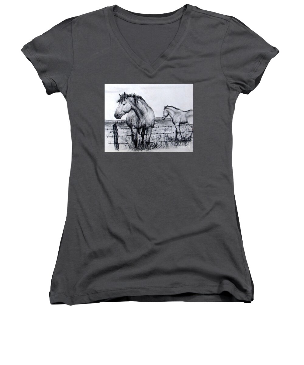 Horse Women's V-Neck featuring the drawing Ponder Texas Horses by Georgia Doyle