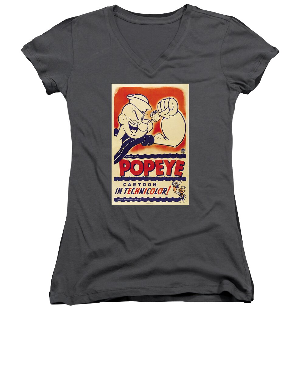 Popeye The Sailor Man Women's V-Neck featuring the painting Popeye Technicolor by Tony Rubino