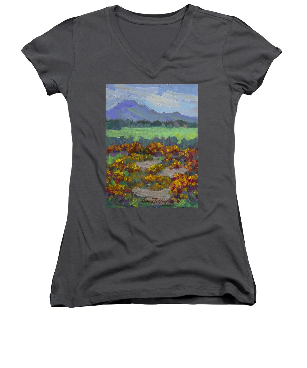 Poppy Women's V-Neck featuring the painting Poppy Field at Fort Apache Indian Reservation by Diane McClary
