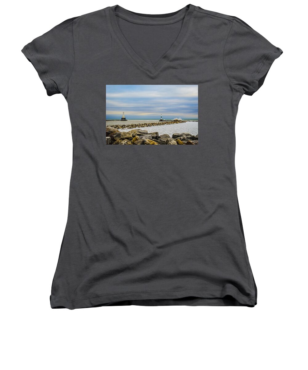 Port Washington Light Women's V-Neck featuring the photograph Port Washington Light 5 by Deborah Smolinske