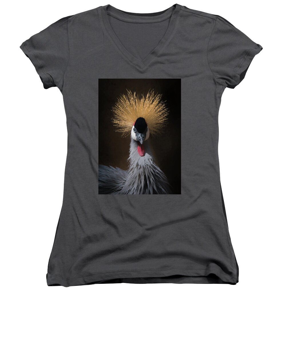 African Crowned Cranes Women's V-Neck featuring the digital art Portrait of a Crowned Crane 2 by Ernest Echols