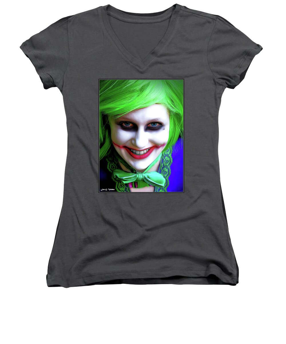 Joker Women's V-Neck featuring the photograph Portrait Of A Joker by Jon Volden
