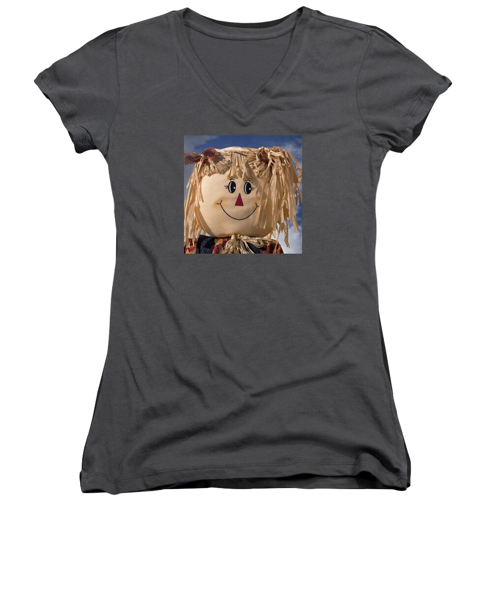 Scarecrow Women's V-Neck featuring the photograph Portrait of a Rag Doll Scarecrow by Phil Cardamone