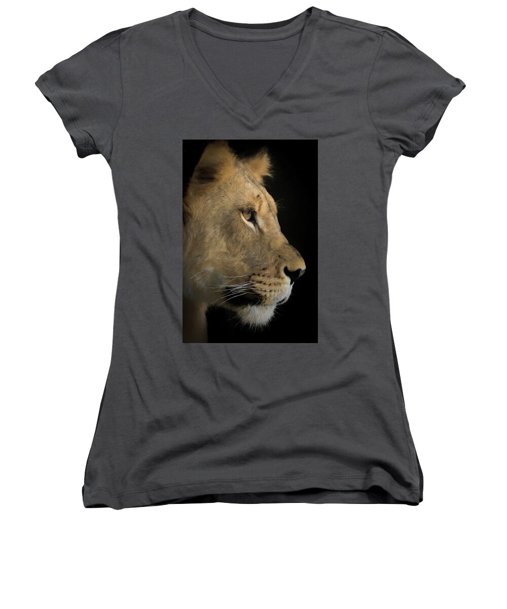 Africa Women's V-Neck featuring the digital art Portrait of a Young Lion by Ernest Echols