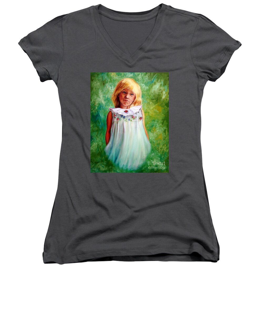 Portrait Women's V-Neck featuring the painting Portrait of Sara by Georgia Doyle