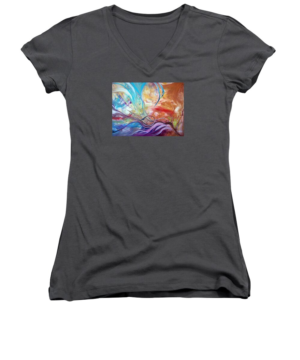 Large Abstract Gallery Wrapped Vibrant Energetic Stokes Women's V-Neck featuring the painting Power of Now by Jan VonBokel