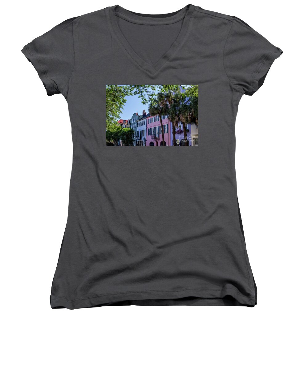 Rainbow Row Women's V-Neck featuring the photograph Presenting Rainbow Row by Dale Powell