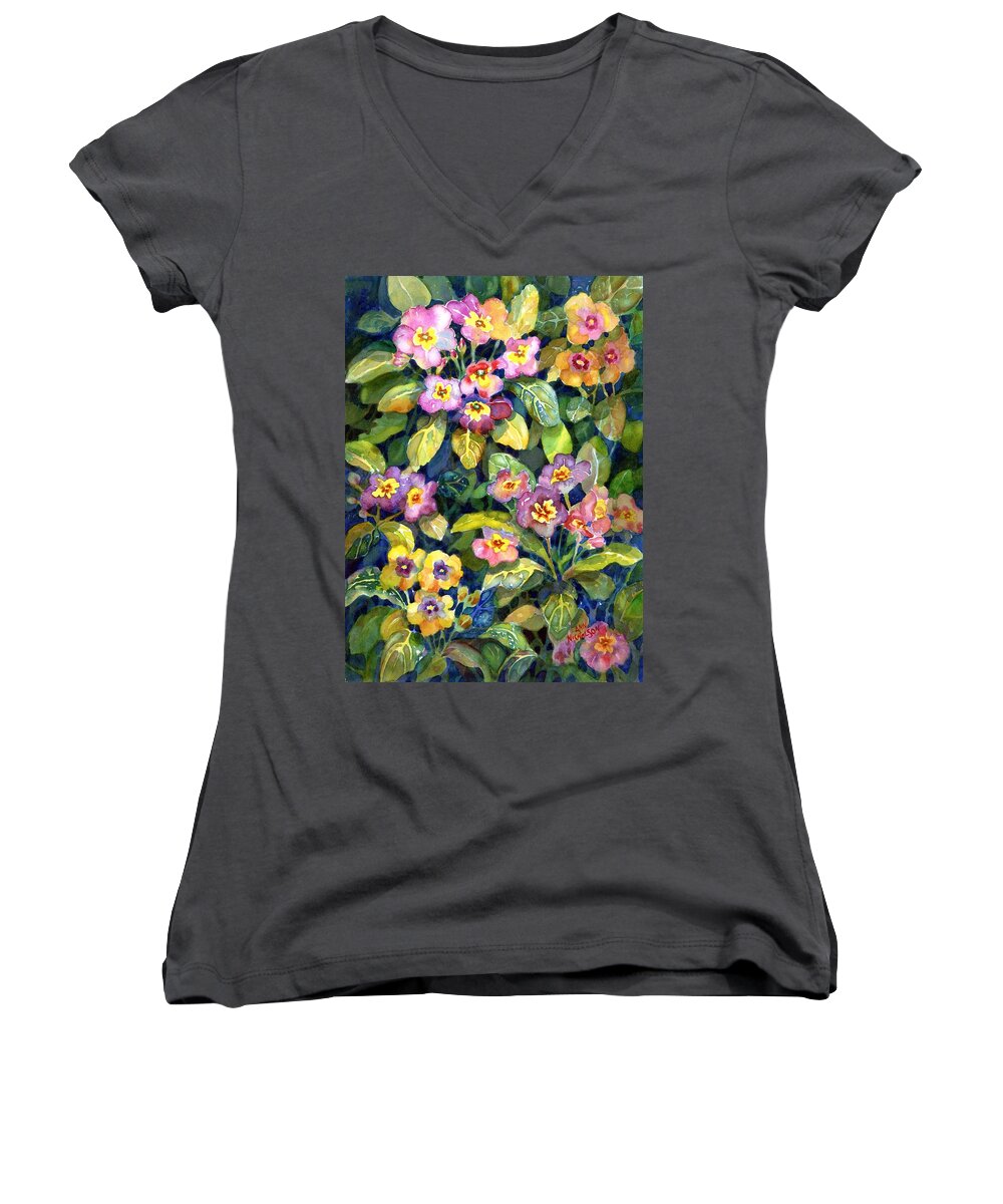 Watercolor Women's V-Neck featuring the painting Primrose patch II by Ann Nicholson