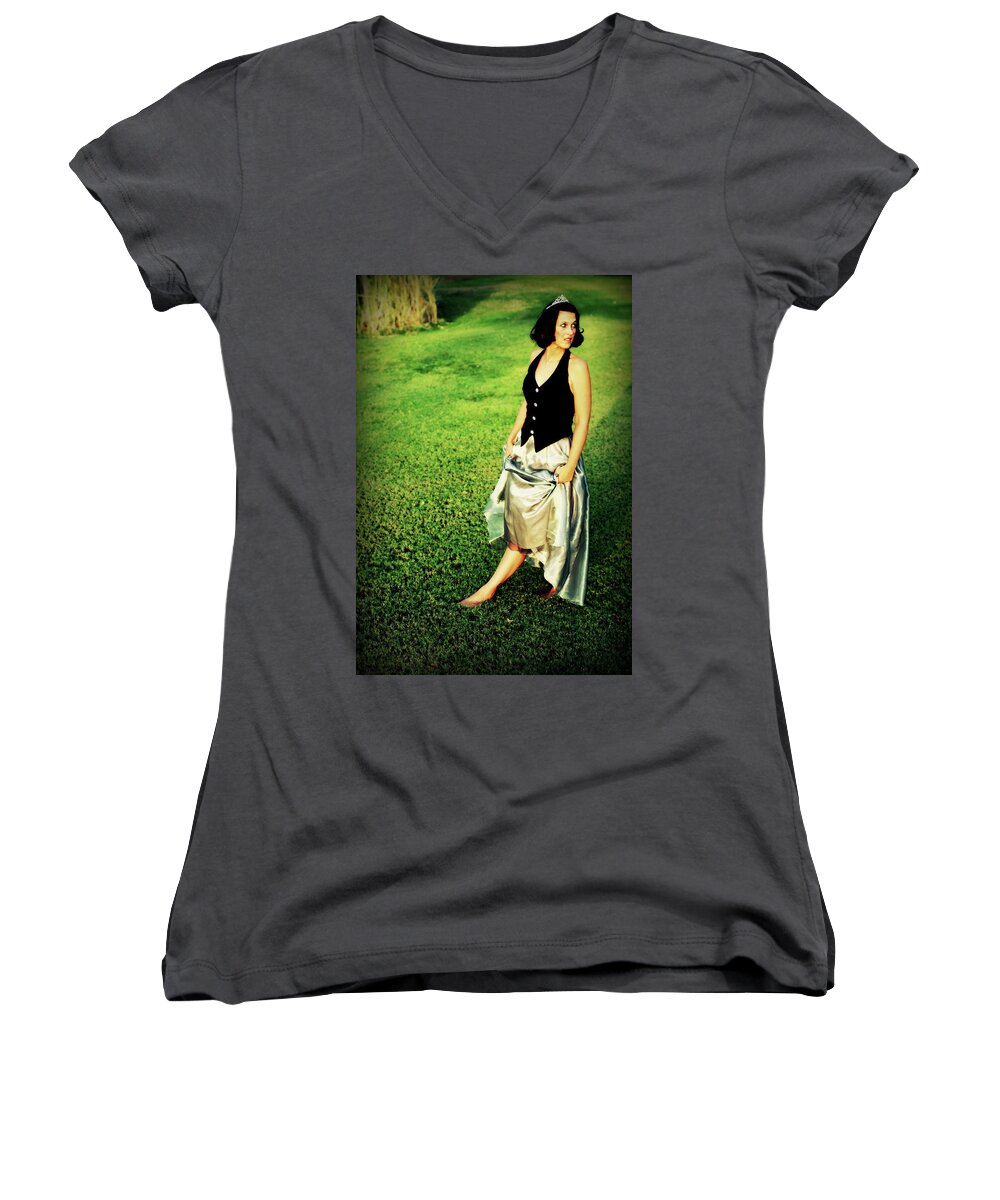 Woman Women's V-Neck featuring the photograph Princess along the Grass by Charles Benavidez