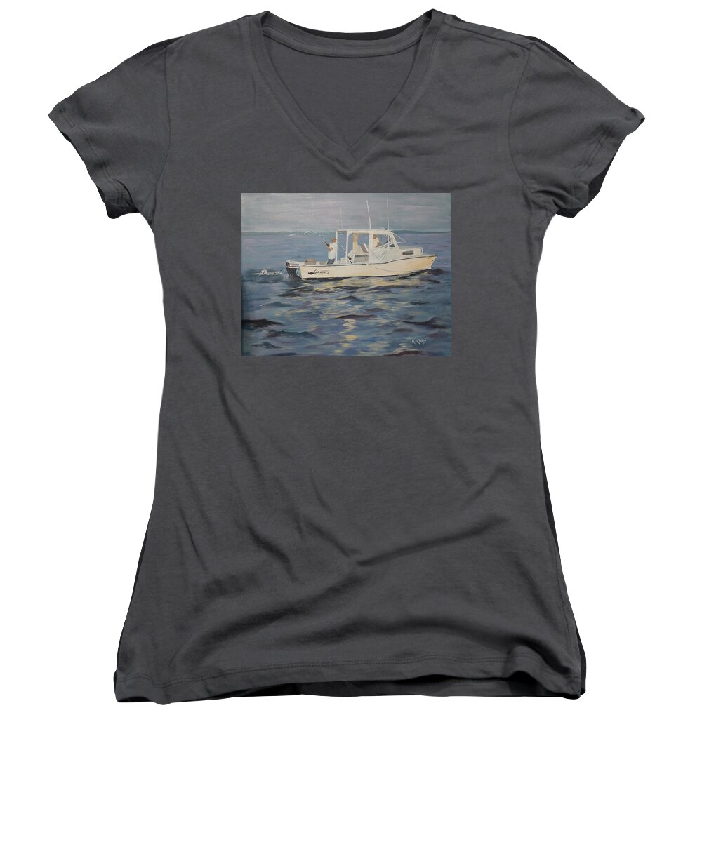 Smith Point Women's V-Neck featuring the painting Pudgie and Gary Wayne Landing a Rockfish by Mike Jenkins