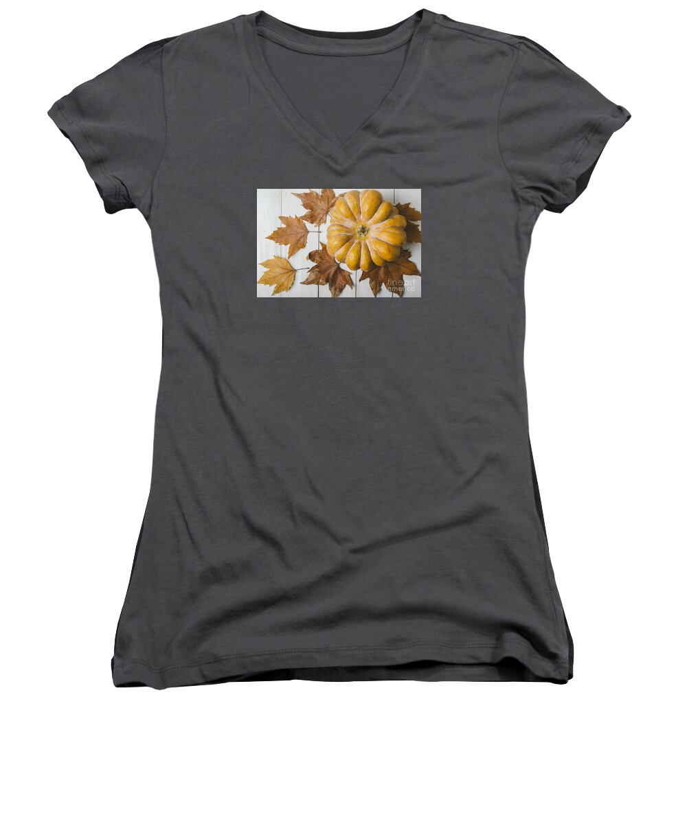 Pumpkin Women's V-Neck featuring the photograph Pumkin and maple leaves by Jelena Jovanovic