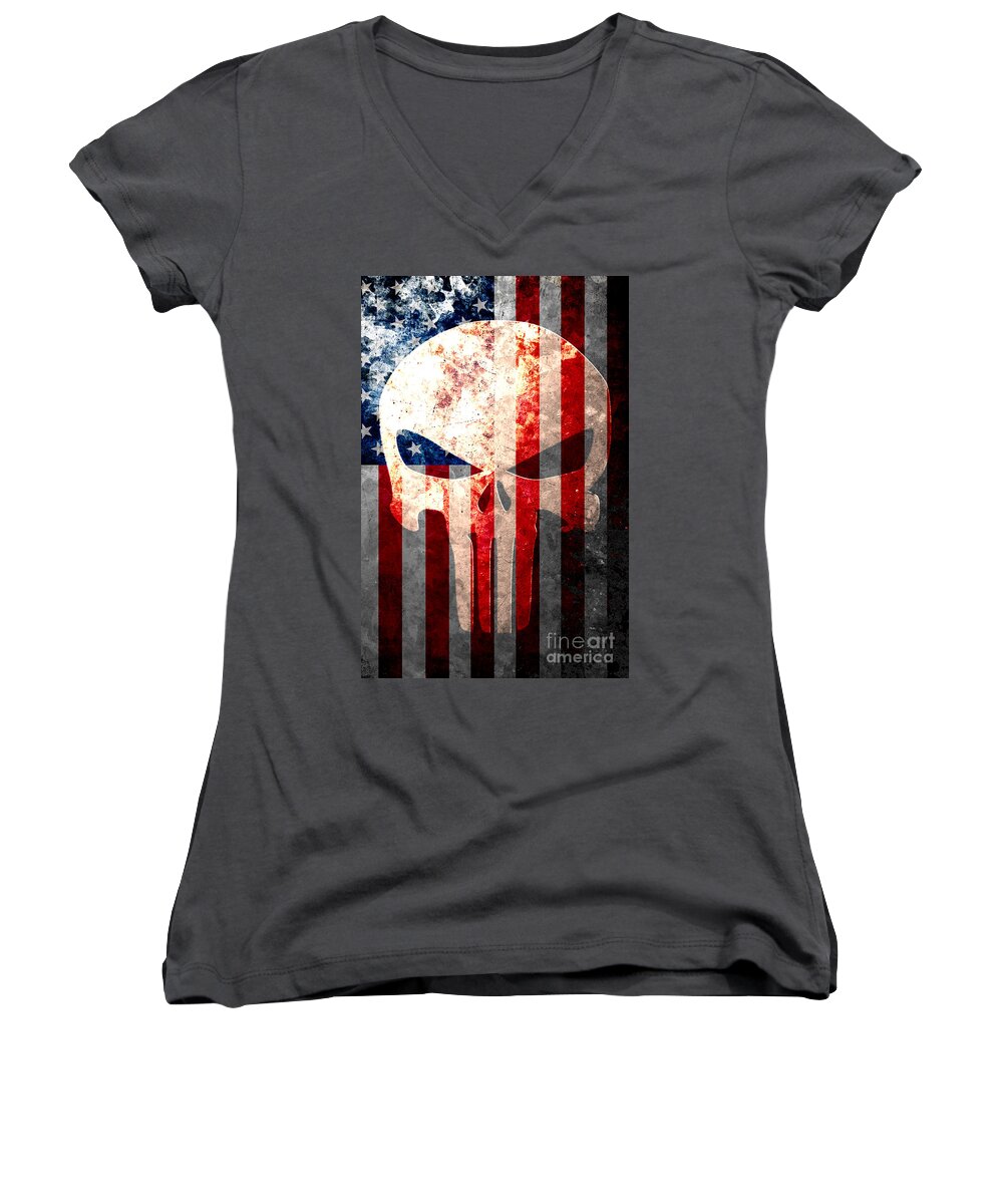 Punisher Women's V-Neck featuring the digital art Punisher Themed Skull and American Flag on Distressed Metal Sheet by M L C