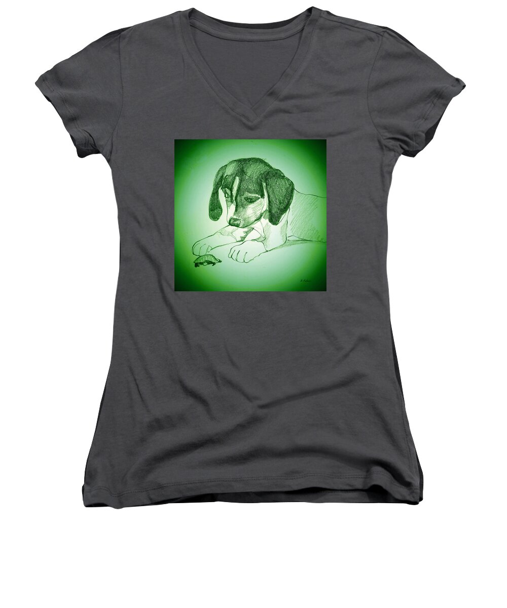 Puppy Women's V-Neck featuring the photograph Puppy And Turtle by Denise F Fulmer