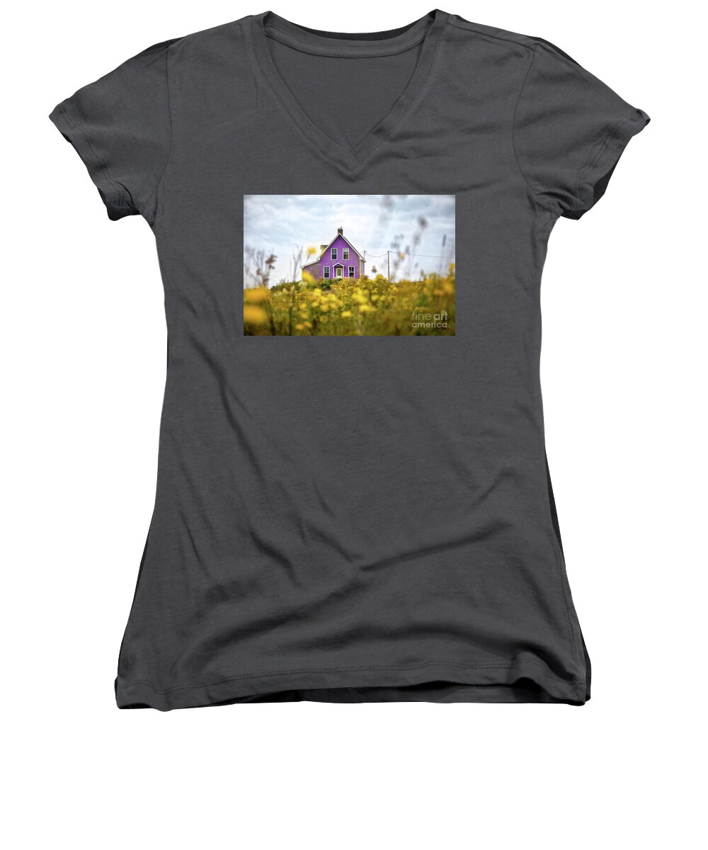 Island Women's V-Neck featuring the photograph Purple house and yellow flowers by Jane Rix