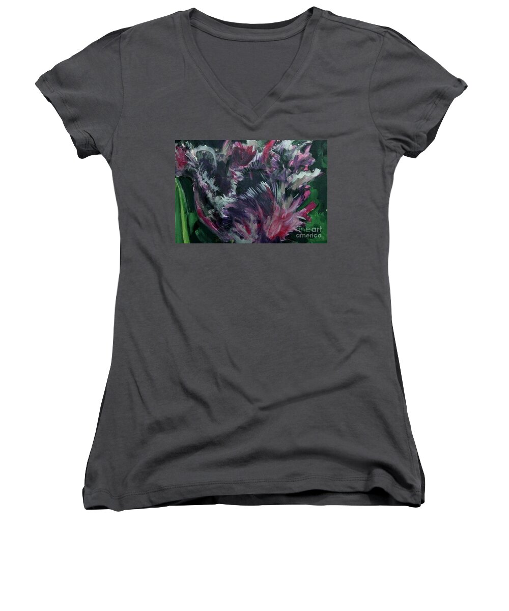 Floral Women's V-Neck featuring the painting Purple Parrot by Diane montana Jansson