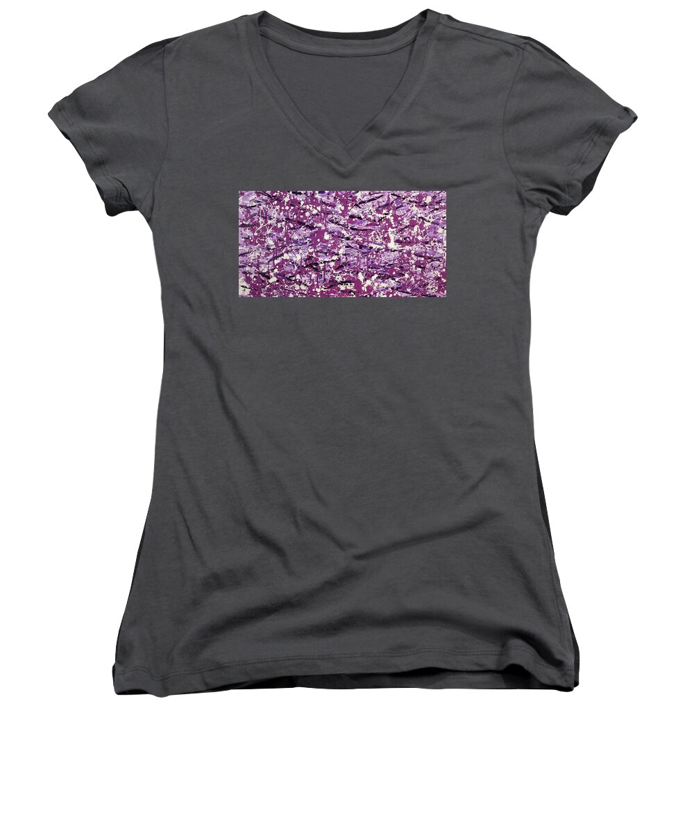 Jackson Pollack Women's V-Neck featuring the painting Purple Splatter by Thomas Blood