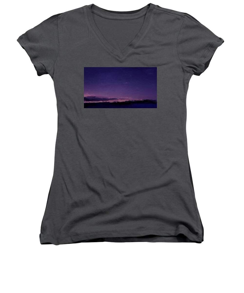 Anthony Fishburne Women's V-Neck featuring the mixed media Purple Sunset Over Beach by Anthony Fishburne
