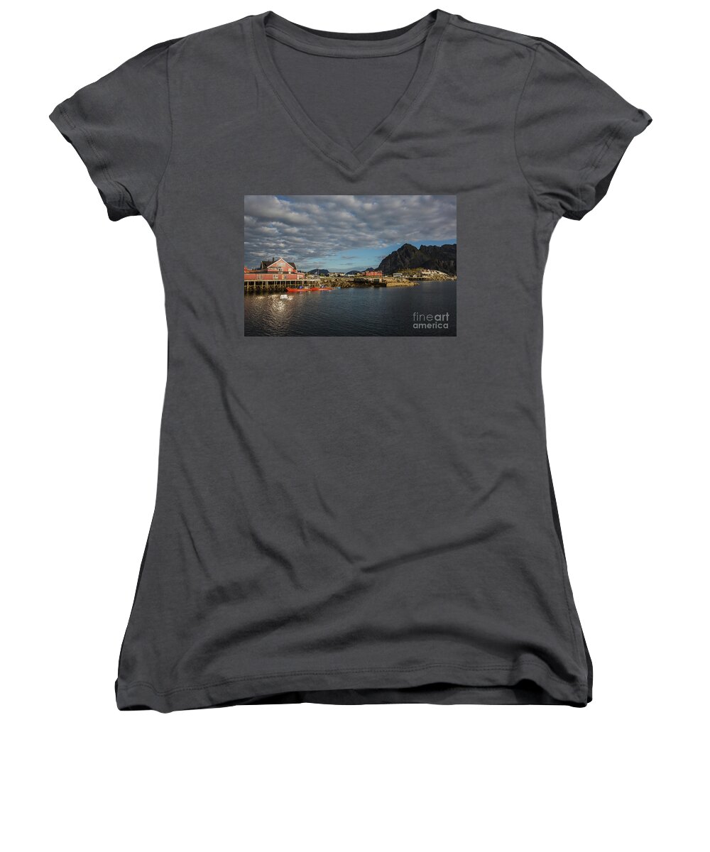 Henningsvaer Women's V-Neck featuring the photograph Quiet Morning in Henningsvaer by Eva Lechner