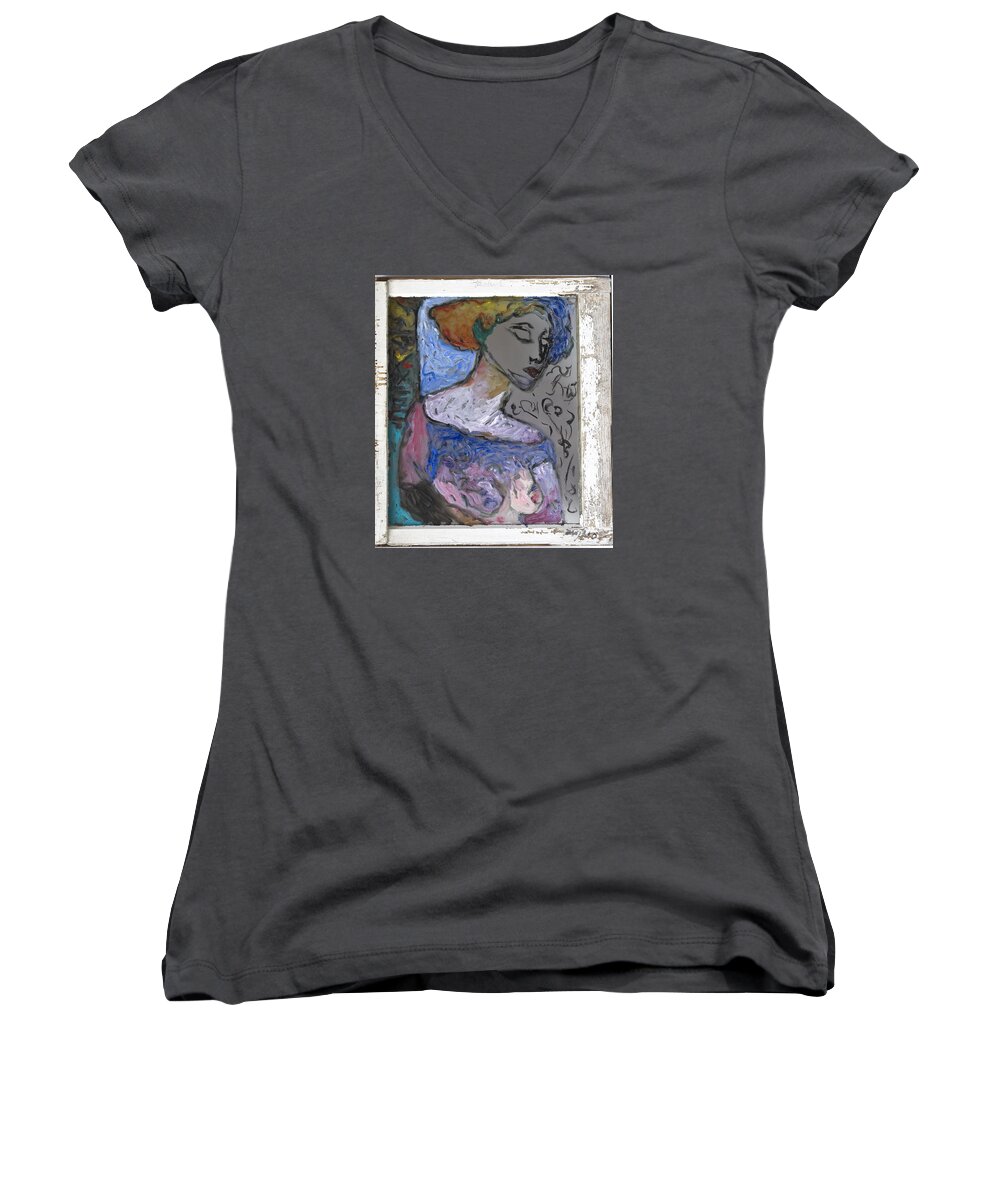 Glass Women's V-Neck featuring the painting Rachel by Mykul Anjelo