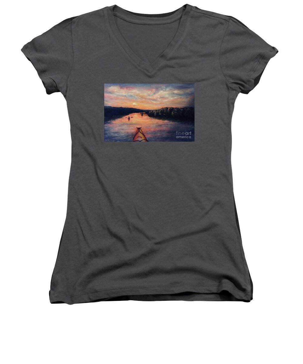 River Women's V-Neck featuring the painting Racing the Sunset by Susan Sarabasha