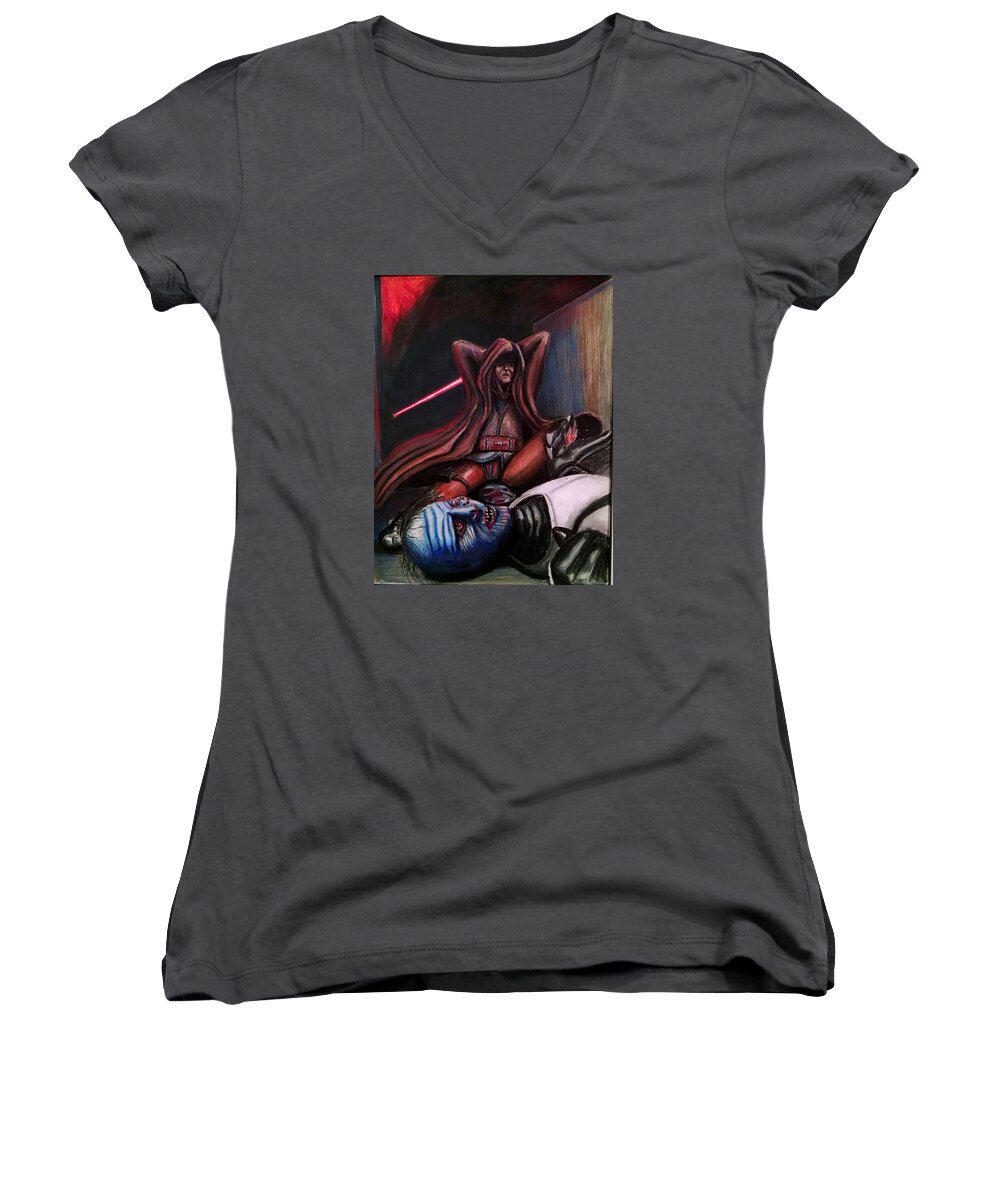 Jedi Women's V-Neck featuring the drawing Rage of the Jedi by Chris Benice