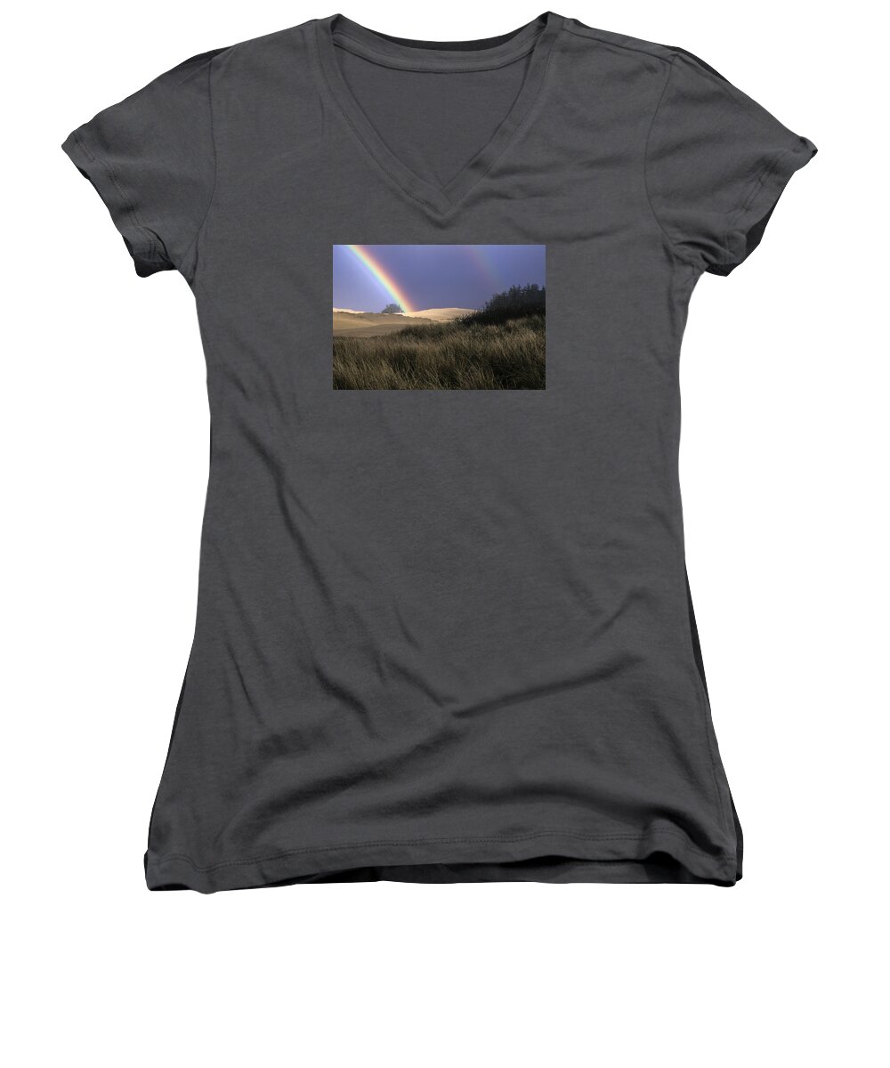 Coast Women's V-Neck featuring the photograph Rainbow and Dunes by Robert Potts
