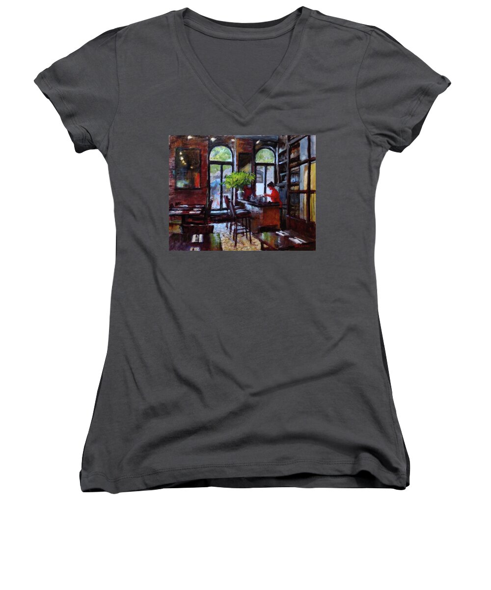 Spice Restaurant Women's V-Neck featuring the painting Rainy Morning in the Restaurant by Peter Salwen