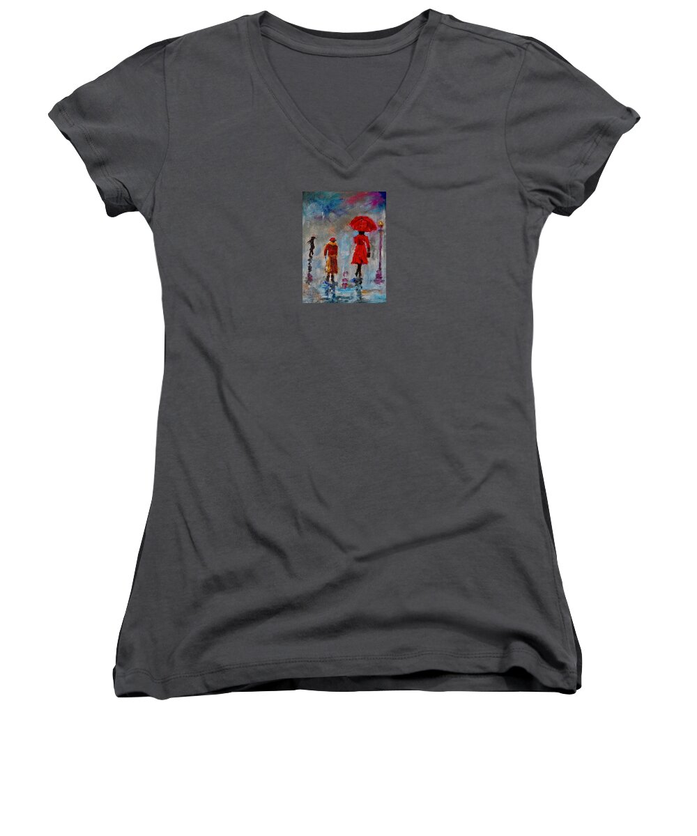 Landscape Women's V-Neck featuring the painting Rainy Spring Day by Sher Nasser