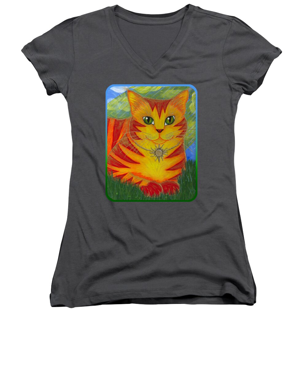 Rajah Women's V-Neck featuring the painting Rajah Golden Sun Cat by Carrie Hawks