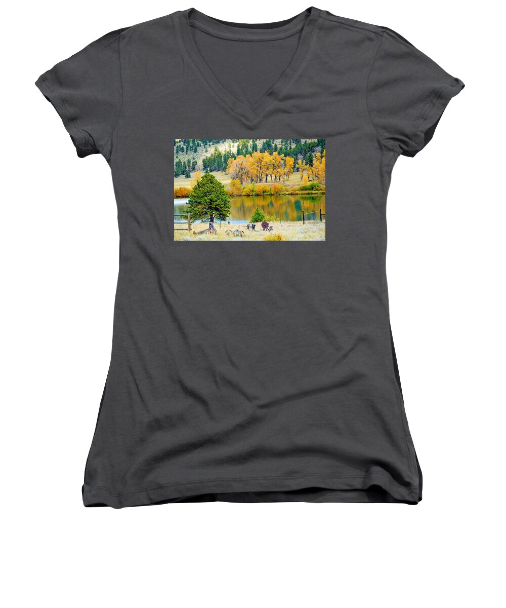 Pond Women's V-Neck featuring the photograph Ranch Pond in Autumn by Robert Meyers-Lussier