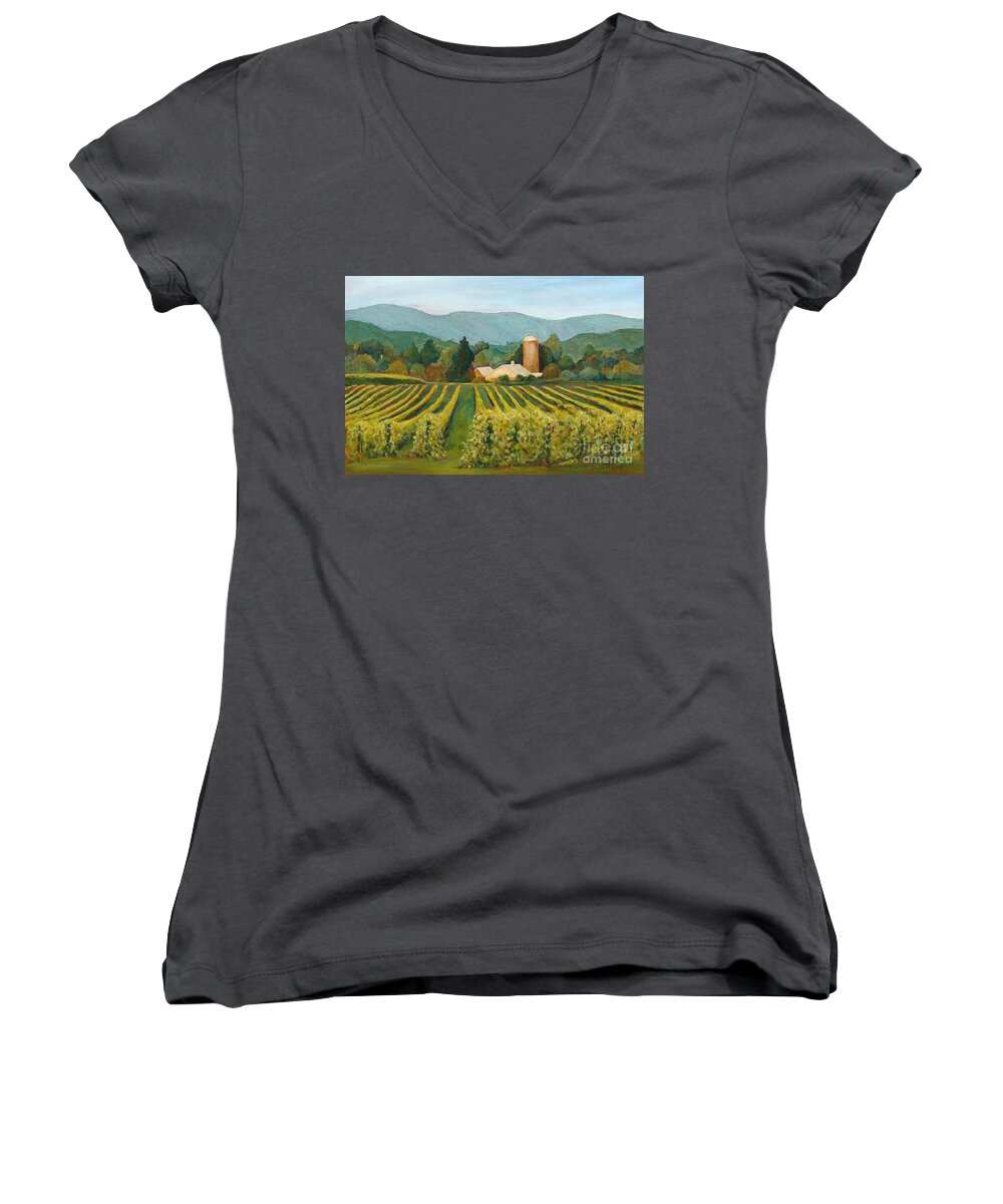 Landscape Women's V-Neck featuring the painting Raspberry Rows by Phyllis Howard