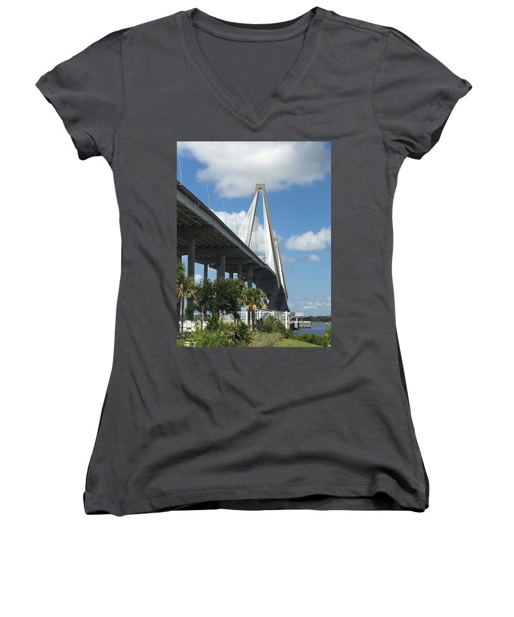 Bridge Women's V-Neck featuring the photograph Ravenel Bridge by Pat Exum