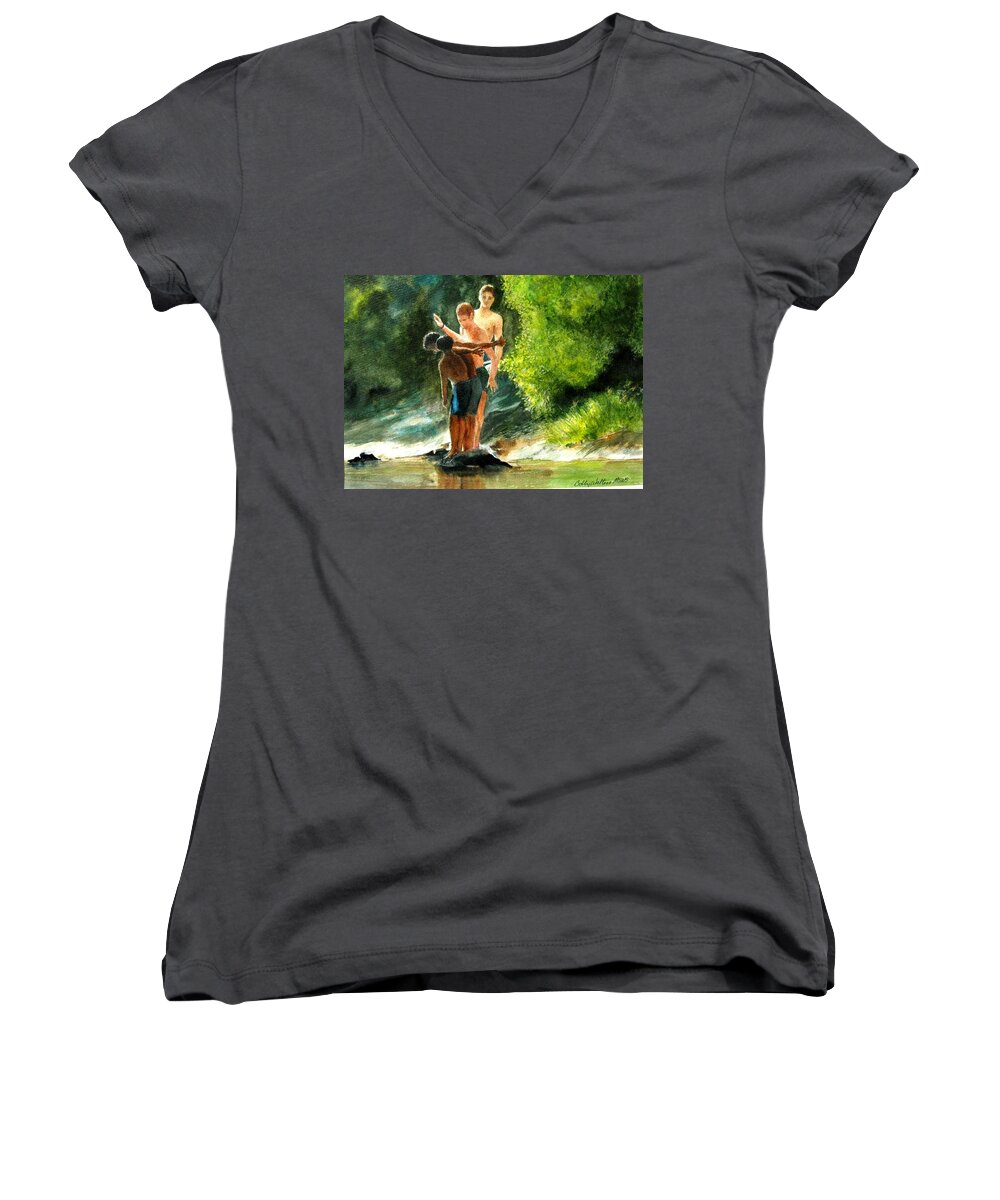 Children Women's V-Neck featuring the painting Ready, set go by Bobby Walters