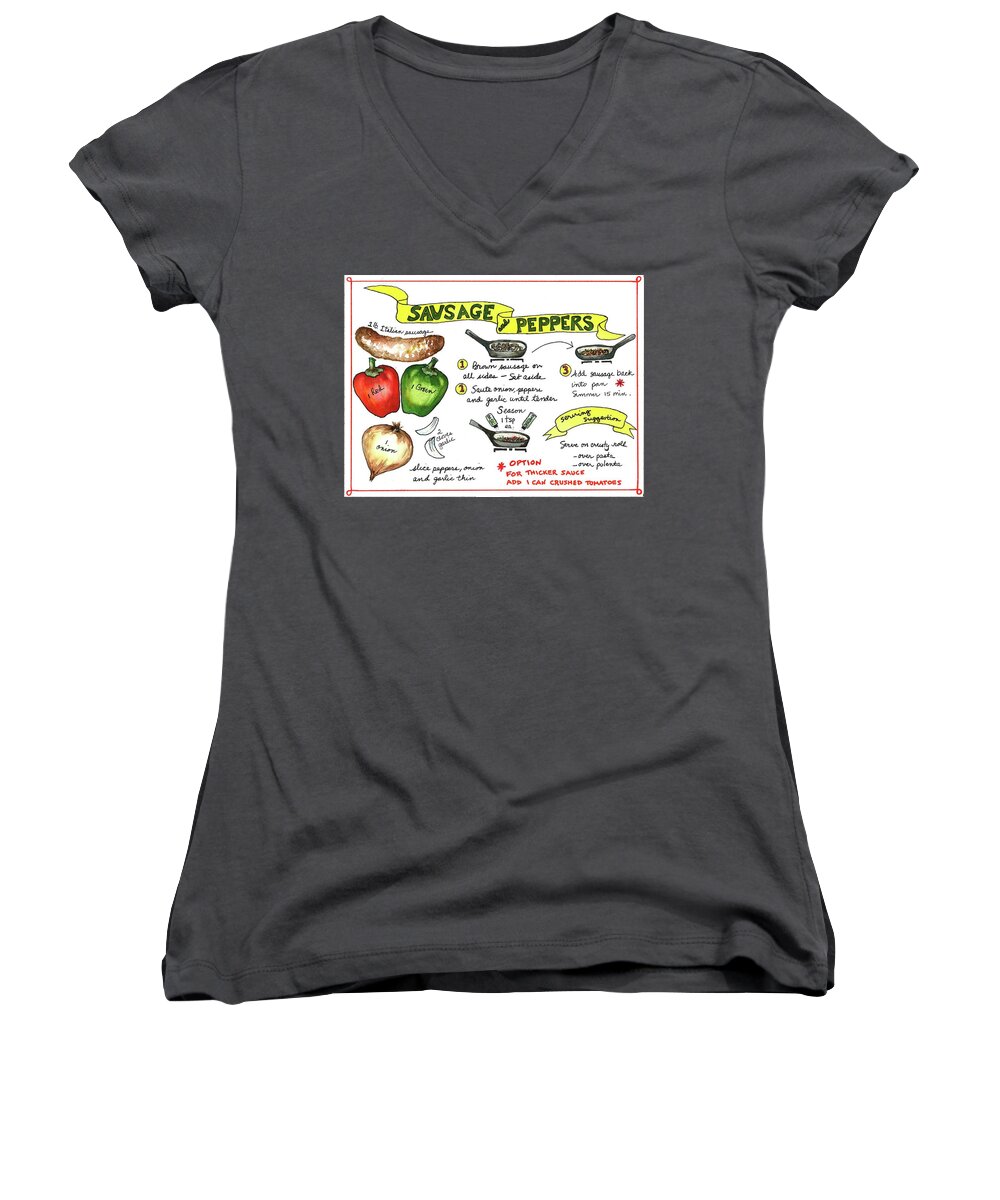 Sausage Women's V-Neck featuring the painting Recipe Sausage and Peppers by Diane Fujimoto