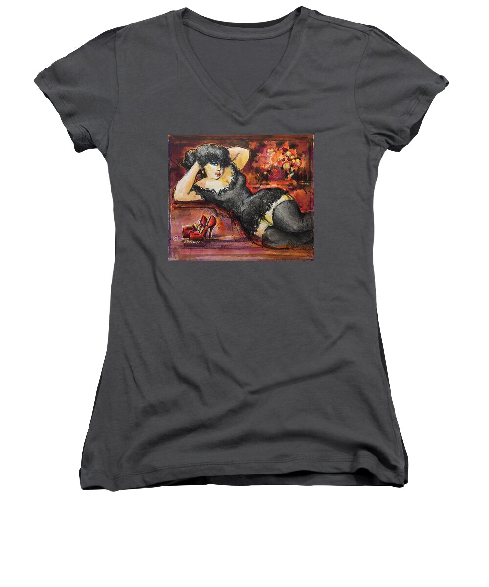 Fetish Women's V-Neck featuring the painting Reclining Girl by Ronald Shelley