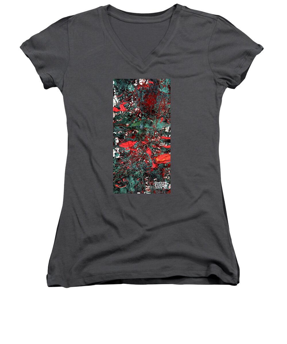 Jacksonpollock Women's V-Neck featuring the painting Red And Black Turquoise Drip Abstract by Genevieve Esson