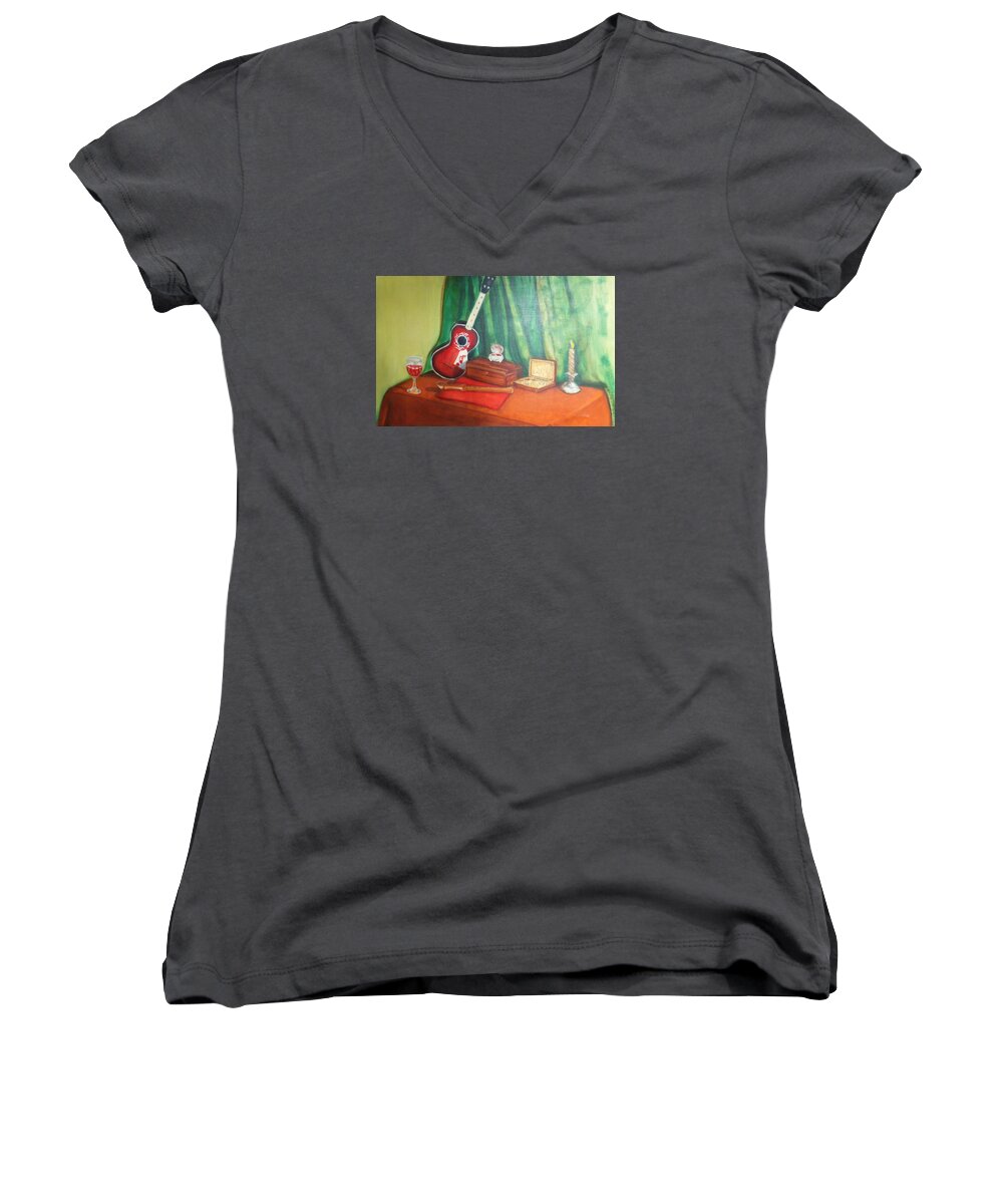 Still Life Women's V-Neck featuring the painting Red and Green Still Life by Denise F Fulmer