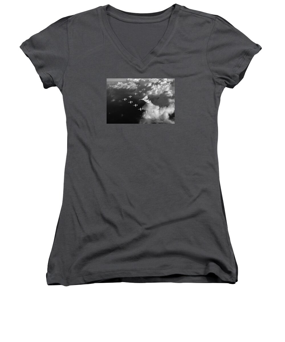 Avro Vulcan Women's V-Neck featuring the photograph Red Arrows and Vulcan above clouds black and white by Gary Eason