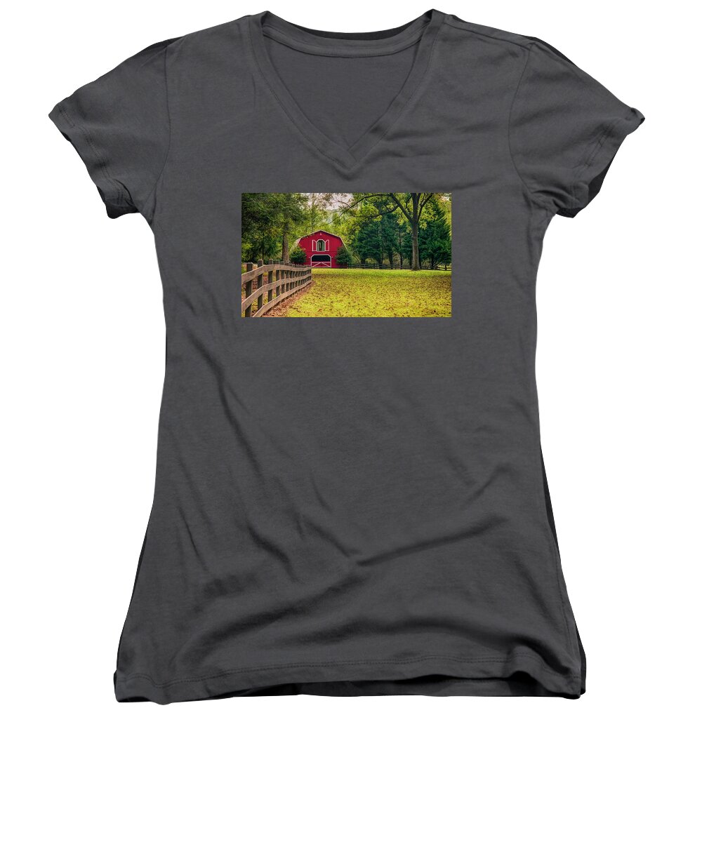 Barn Women's V-Neck featuring the photograph Red Barn 2 by Mick Burkey