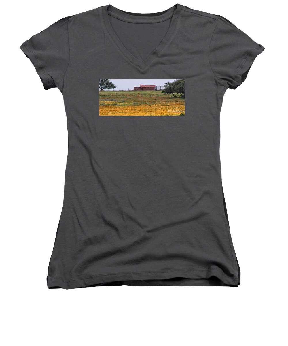 Barns Women's V-Neck featuring the photograph Red Barn in Wildflowers by Toma Caul