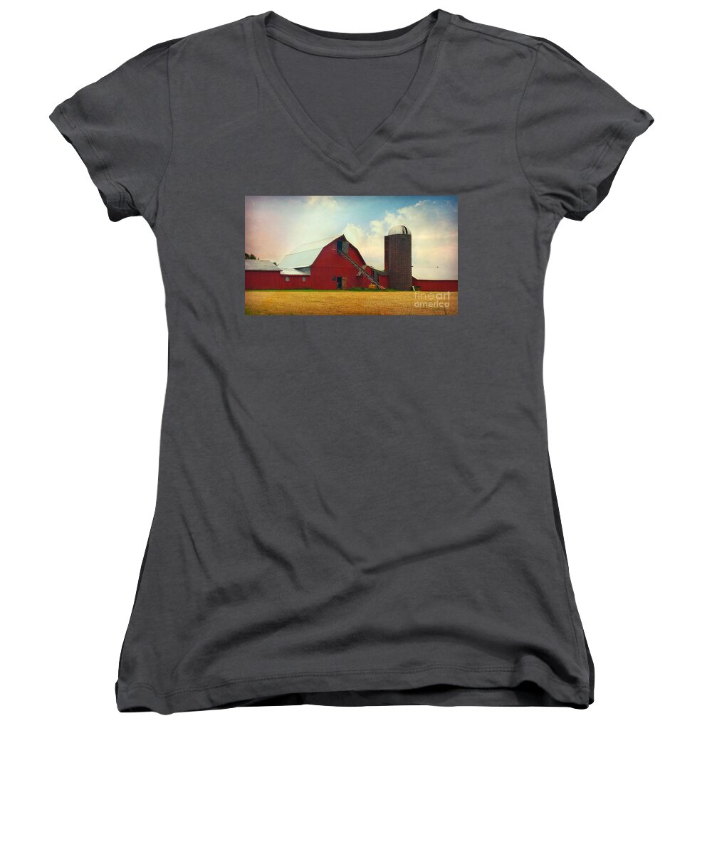 Red Barn Women's V-Neck featuring the photograph Red Barn Silo by Beth Ferris Sale