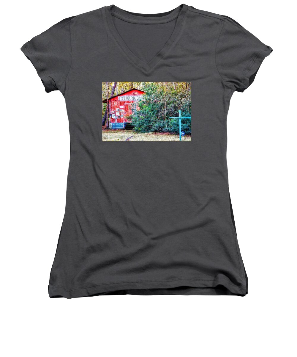 Red Barn Women's V-Neck featuring the photograph Red Barn with Signs, Heavily Guarded by Patricia Greer