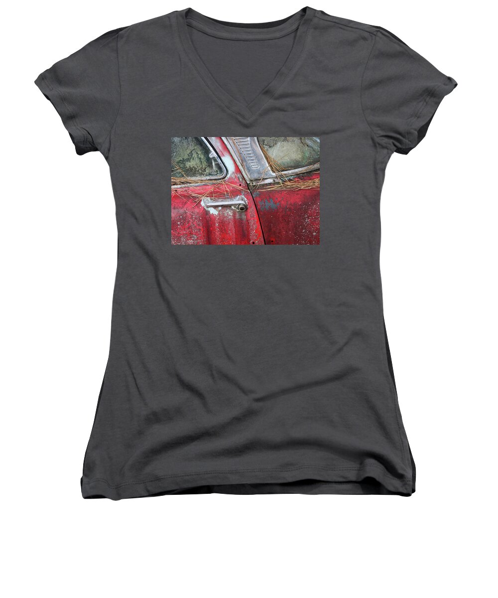 Transportation Women's V-Neck featuring the photograph Red Car Door Handle by Patrice Zinck