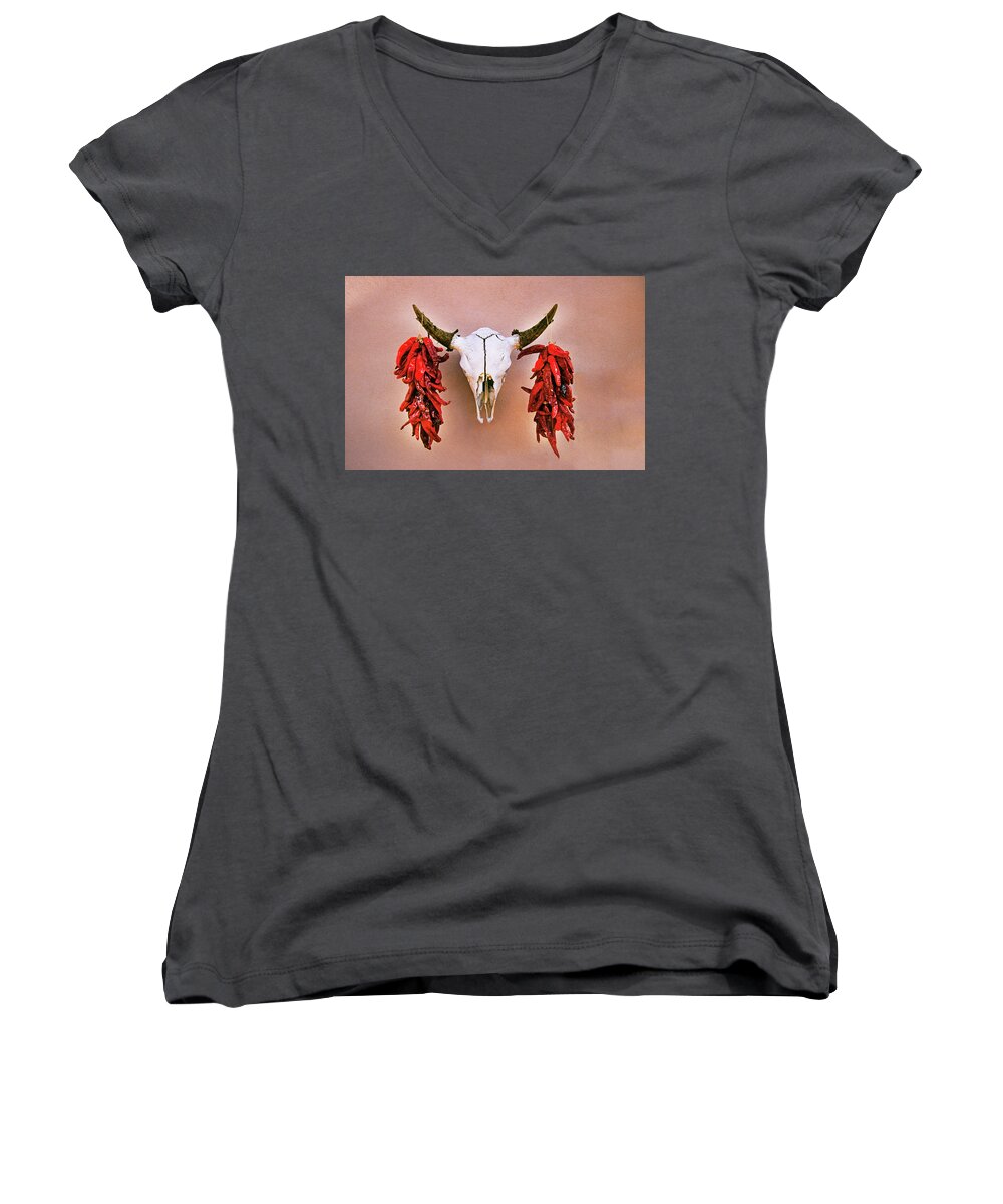 Santa Fe Women's V-Neck featuring the photograph Red Chile Ristras On A Cow Skull In Santa Fe by Buddy Mays