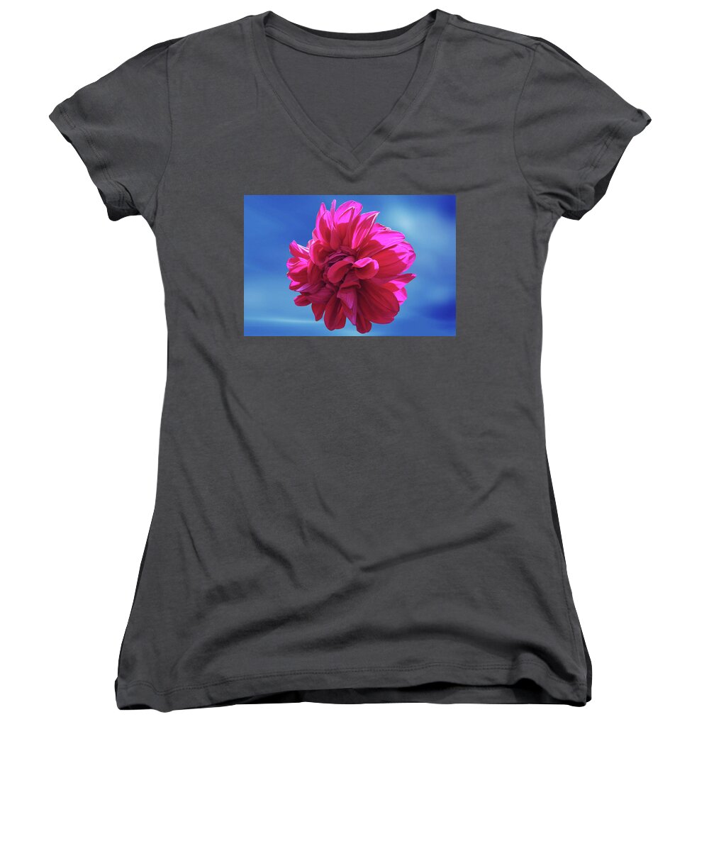 Blossom Women's V-Neck featuring the photograph Red Dahlia flower by Ridwan Photography