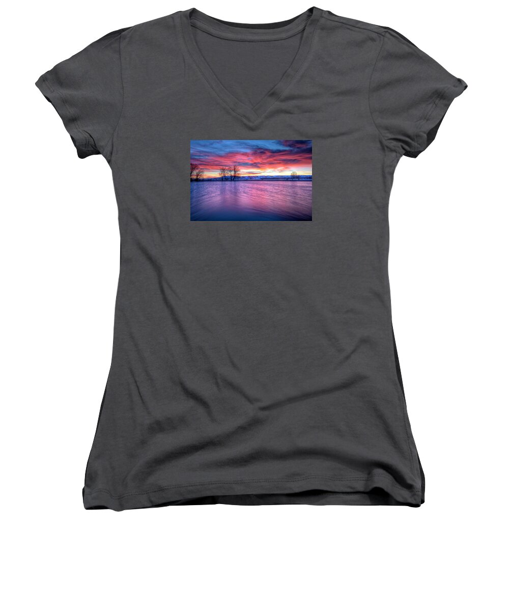 Sunrise Women's V-Neck featuring the photograph Red Dawn by Fiskr Larsen