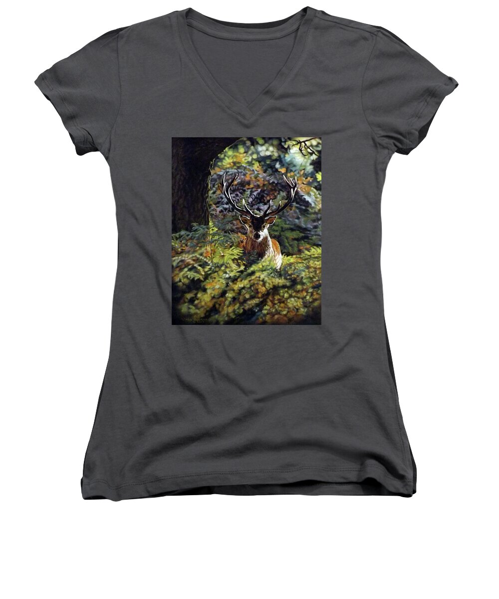 Red Deer Women's V-Neck featuring the pastel Red Deer Stag by Linda Becker
